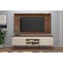 Ver imagem 1 de Kit Conjunto Rack Mdf Fita Led Painel Tv até 75 Polegadas Prateleira Sala Marrom Madeira Off White