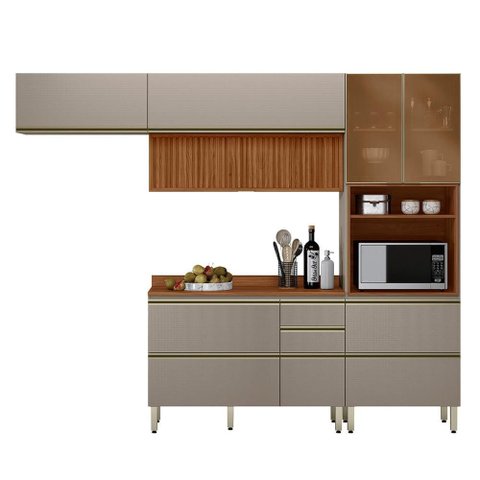 Cozinha Modulada Proença 4 Peças com Aéreo 120cm Ripado Nogueira Touch/nude Prime Tx - Demartêz