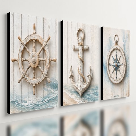 Kit3 Quadro Decorativo Marítimo Náutico Barco Ancora Praia Mar 40x28cm