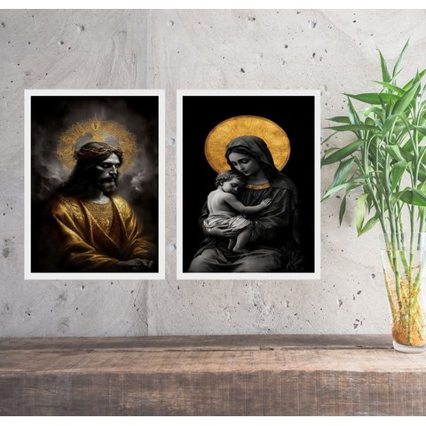 Kit 2 Quadros Jesus e Virgem Maria - Preto com Dourado 24x18cm:moldura Branca