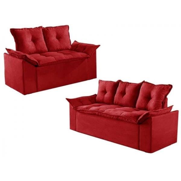 Conjunto de Sofá 2 e 3 Lugares Veneza Tecido Suede Vermelho