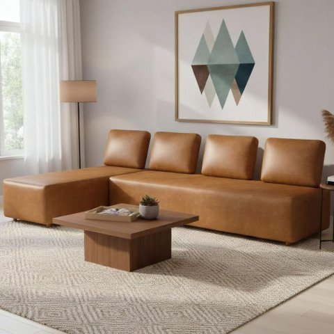 Sofá 4 Lugares com Chaise 296cm Rovier Sintético Caramelo Z32 - Mpozenato