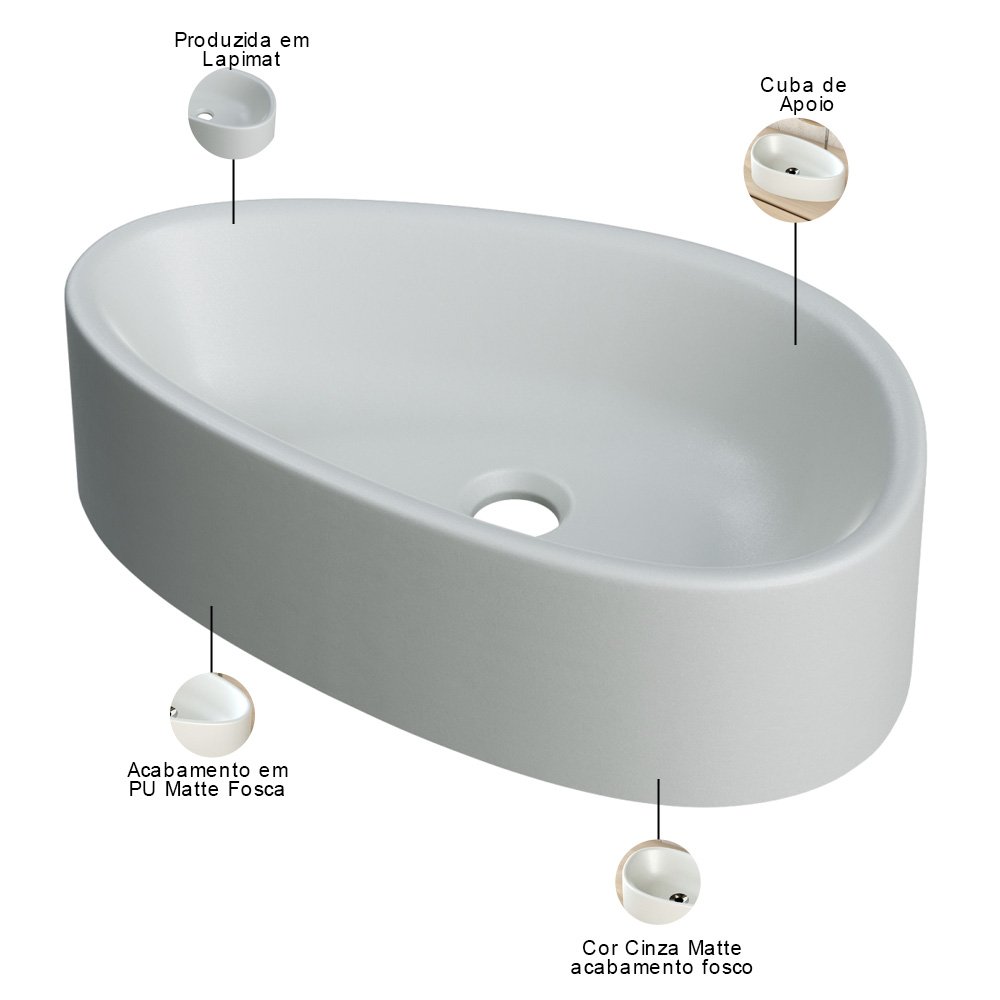 Kit 02 Cubas de Apoio Gota para Banheiro Lavabo C01 Bg43w Cinza Matte Fosca - Lyam - 4
