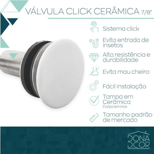 Válvula Click 7/8 Cerâmica Branca Inox Ralo Pia Banheiro 3cm Lavabo - 6