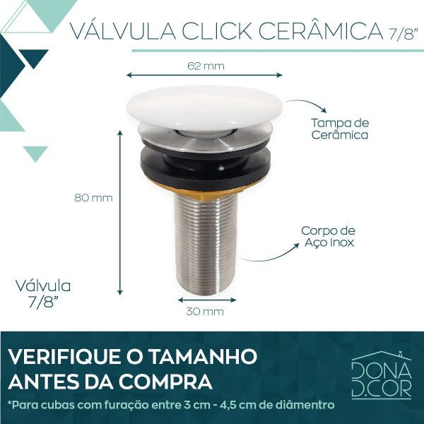 Válvula Click 7/8 Cerâmica Branca Inox Ralo Pia Banheiro 3cm Lavabo - 2