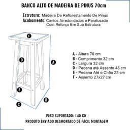 Banqueta Alta Quadrada 70cm Madeira de Pinus sem Pintura Natural Resistente Maciça Banco Banquinho - 2