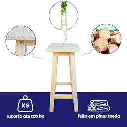 Banqueta Alta Quadrada 70cm Madeira de Pinus sem Pintura Natural Resistente Maciça Banco Banquinho - 4