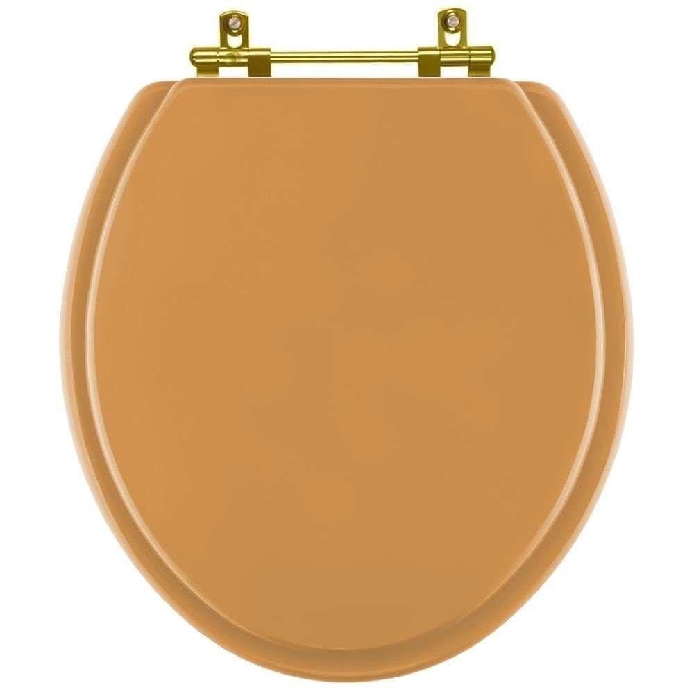 Assento Sanitario Poliéster Convencional Universal Oval Amarelo Terra com Ferragem Dourada - 1
