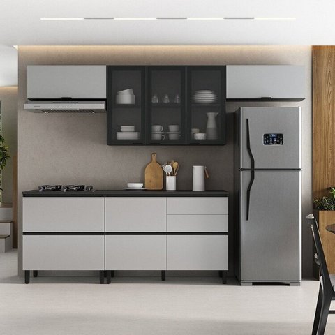 Cozinha Modulada 5 Peças 7 Portas 5 Gavetas MDF Dodradiça Slow Motion Lúmina Itatiaia Cinza/Grafite/Fendi