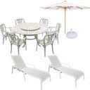 Ver imagem 1 de Conjunto de Jardim Mesa Giratória 6 Cadeiras, Ombrelone e Espreguiçadeira Piscina Branco