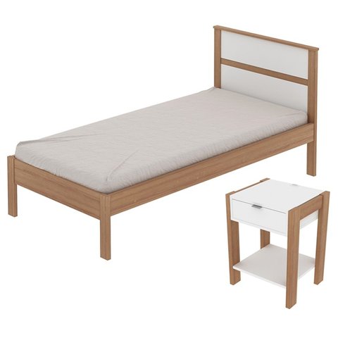Cama Solteirocm8004 e Mesa de Cabeceira Az1016 Qt2 Amendoa Branco Tecno Mobili