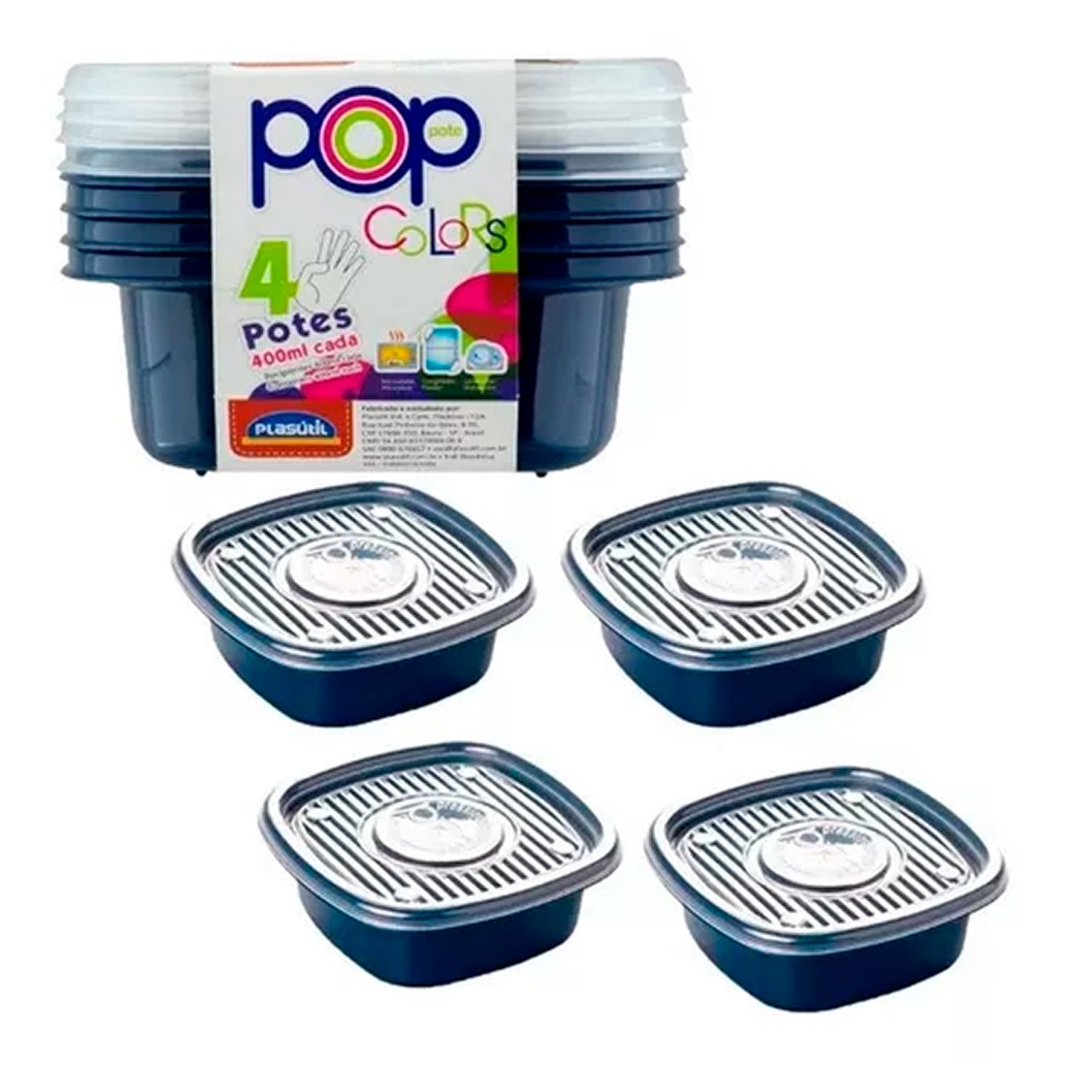 Conjunto 4 Potes 400ml Plástico Pop Colors Quadrado Azul Plasútil - 6