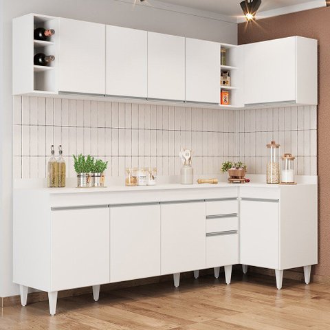 Armário de Cozinha Modulado de Canto Esquerdo 5 Peças Cp53 Balcão com Tampo Branco - Lumil Lumil Móv