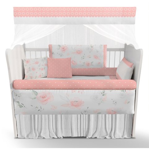 Kit Berço Enxoval de Bebê Flores Rosa Menina