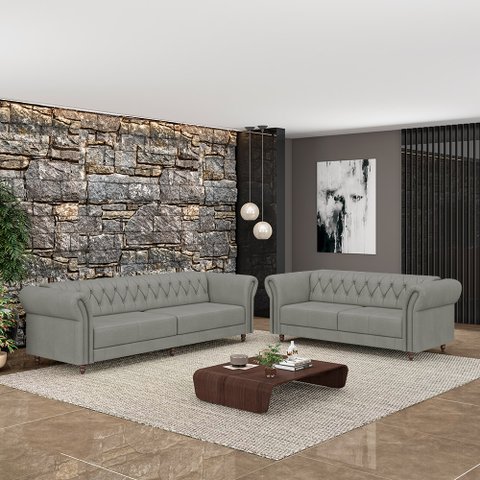 Conjunto de Sofá Sala de Estar Stanford Chesterfield 2 e 3 Lugares 200cm/260cm Pés Madeira Couro Cin
