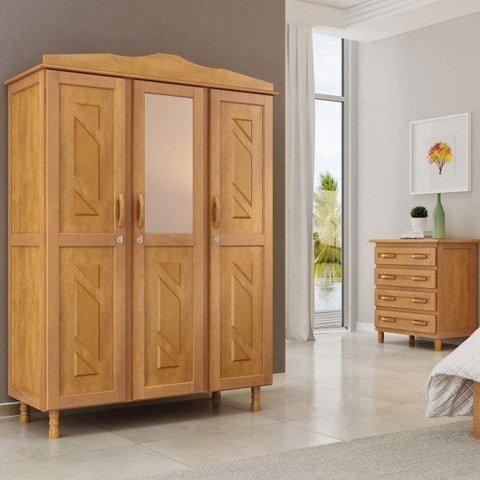 Conjunto Guarda Roupa Casal 3 Portas com Espelho e Cômoda 4 Gavetas 