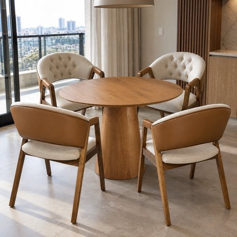 Mesa Base em Cone 90cm Redondo & 4 Cadeiras Lithi Botone Design Elegante