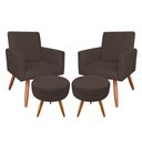 Ver imagem 1 de Kit 2 Poltronas e 2 Puffs Banqueta Redonda Nina Suede Marrom Pés Palito Castanho - Pallazio
