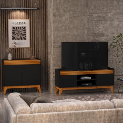 Conjunto Buffet 2 Portas e Rack para Tv 50 Polegadas Ripado 136cm - Vianossa - Preto/cedro