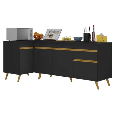 Kit Armário de Cozinha Balcão Canto 90cm e Gabinete Pia 150cm Veneza Multimóveis Mp2158 Preto/