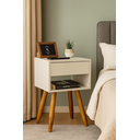 Ver imagem 4 de Mesa de Cabeceira Retrô Off White 40cm Mdf – Pé Palito Castanho – Vai Montada