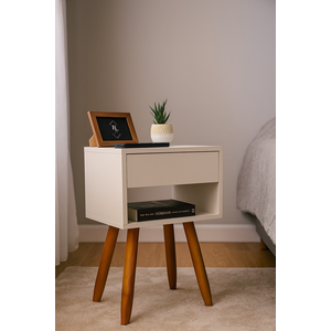 Mesa de Cabeceira Retrô Off White 40cm Mdf – Pé Palito Castanho – Vai Montada