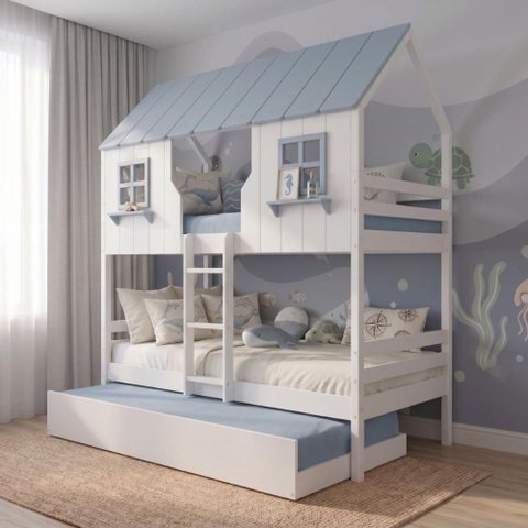 Treliche Casinha Encantada Madeira Maciça Branco/ Azul Housin
