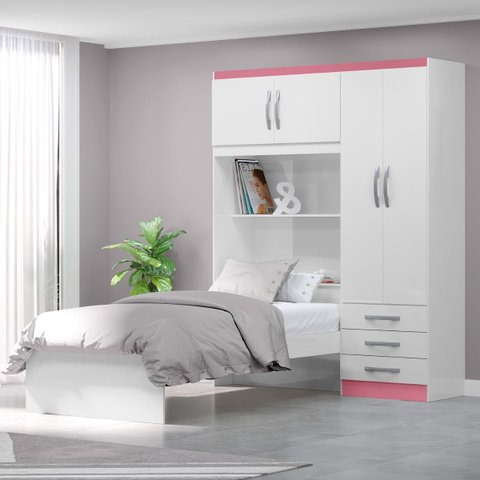 Roupeiro com Cama Lisboa 4 Portas - Branco/pink