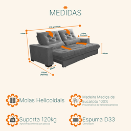 Sofá Retrátil e Reclinável 2,10 Suede Pillow Top Cinza Juliette Sofá Casa - 3