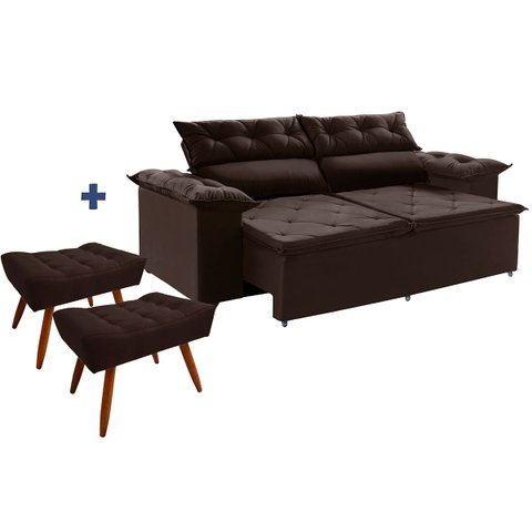 Sofá Compact 200 Cm Marrom com Molas Espirais Retrátil e Reclinável  Mais 2 Puffs com Pés Palito