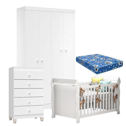 Quarto de Bebê 4 Portas com Gaveteiro Ternura Baby e Berço Lara Branco Brilho com Colchão para Berço