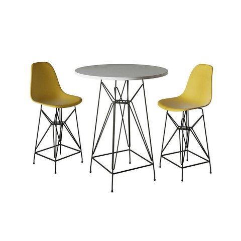 Jogo Mesa Bistrô Eames Branca 60Cm 2 Banquetas Amarela Base Ferro Preto - Cor: Branco