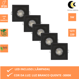 Kit 5 Spot Led Deep 5w 3000k Quadrado Preto Embutir - Áreas Internas - 4