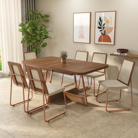 Conjunto Sala de Jantar Malu 6 Lugares Tampo MDP Estrutura Aço Rosê 160cm Móveis Carraro