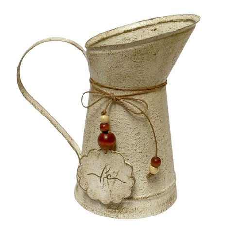 Vaso Jarro Decor de Metal Rústico Bege Plaquinha Fe 19,5 Cm