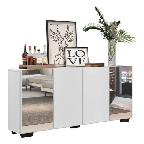 Aparador Buffet 4 Portas Com Espelho E Pés Quadrados Multimóveis V3563 Branco/preto Branco/preto
