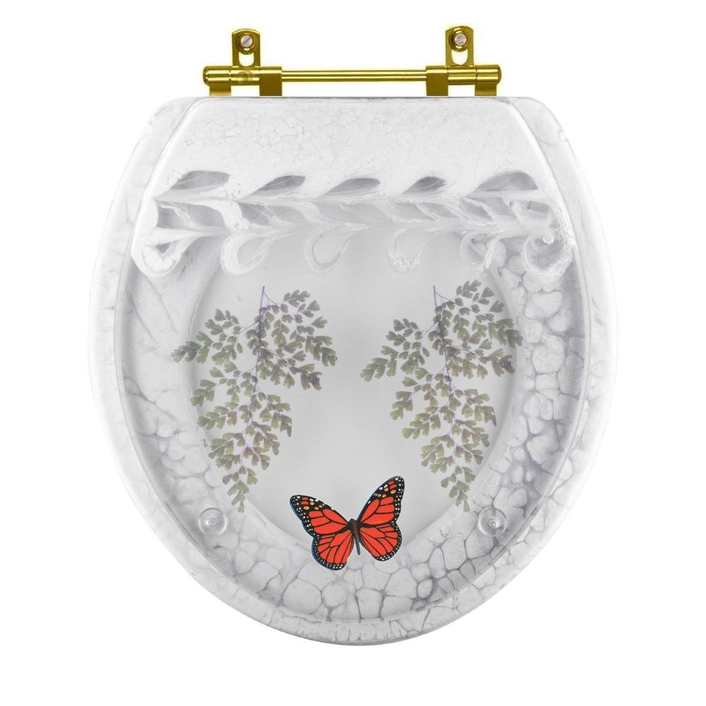 Assento Sanitário Poliester Decorado Oval Convencional Avenca com Borboleta Vermelha com Ferragem - 1