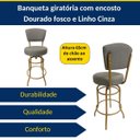 Ver imagem 4 de Banqueta Bar Altura 65cm Giratória com Encosto cor Dourado fosco Assento cor linho Cinza grosso Kit 