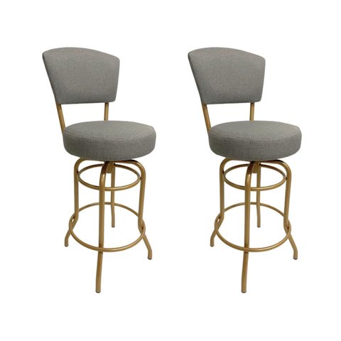 Banqueta Bar Altura 65cm Giratória com Encosto cor Dourado fosco Assento cor linho Cinza grosso Kit 