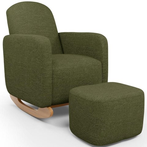 Poltrona de Amamentação com Balanço e Puff Orgânico Saori W01 Linho Verde - Lyam Decor