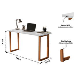 Mesa de Estudo 76 Cm Escrivaninha Tampo Mdf Pés Madeira Quarto e Sala Trabalho Notebook Cor Branco - 4