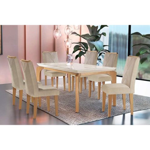 Sala de Jantar Completa Londrina C/ Tampo Madeirado Vidro Canto Curvo 180x90cm e 6 Cadeiras Amsterd