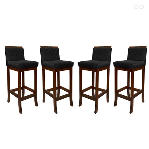 Kit 4 Banquetas Alta de Madeira Nice com Encosto Matelassê Suede Preto Ccs