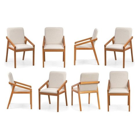 Kit 8 Cadeiras Sala de Jantar com Braço Pequi CabeCasa MadeiraOriginals Linho Creme/Castanho