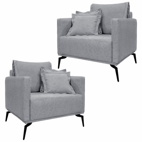 Kit 2 Poltronas Decorativas Pés em Aço Stagno Linho Cinza - Gran Belo