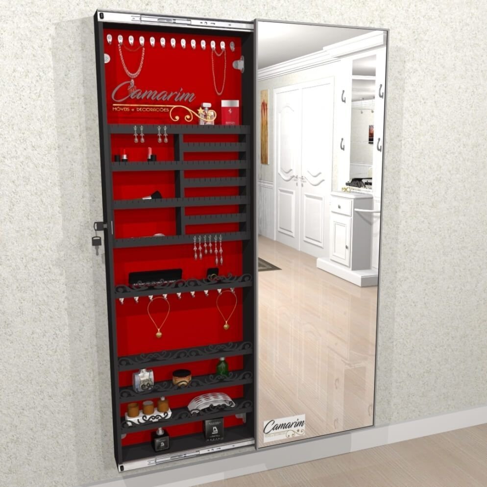 Armário Porta Joia (1,80 - Preto), Colar com Porta de Espelho em Moldura de Aluminio Camari - 1