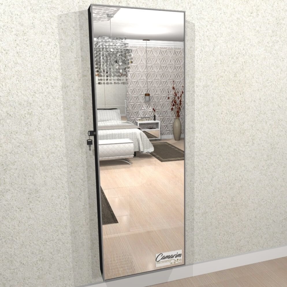 Armário Porta Joia (1,80 - Preto), Colar com Porta de Espelho em Moldura de Aluminio Camari - 4