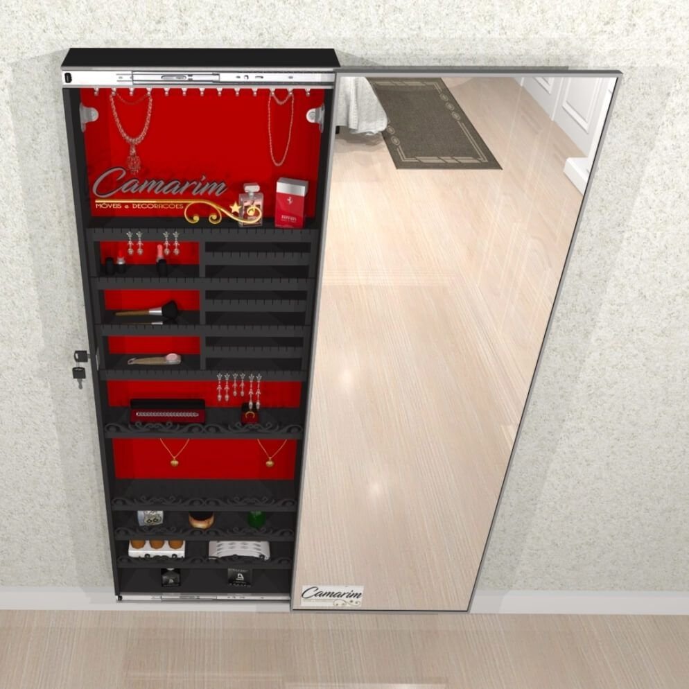 Armário Porta Joia (1,80 - Preto), Colar com Porta de Espelho em Moldura de Aluminio Camari - 3