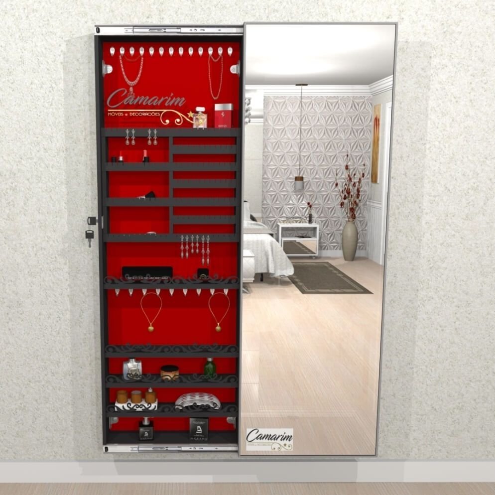 Armário Porta Joia (1,80 - Preto), Colar com Porta de Espelho em Moldura de Aluminio Camari - 2