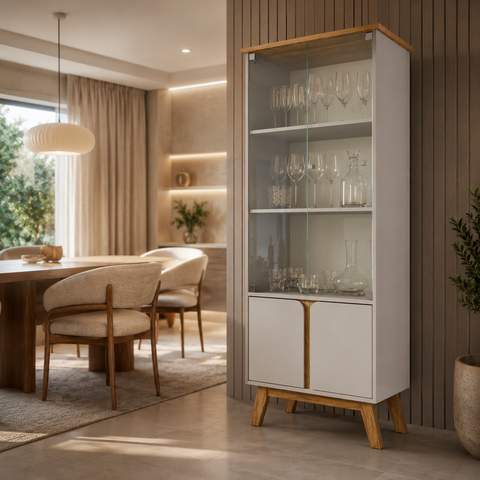 Cristaleira Liz MDF 180x70cm Vidro Prateleira Sala de Jantar Madeira Cozinha Integrada:Off White/Cin